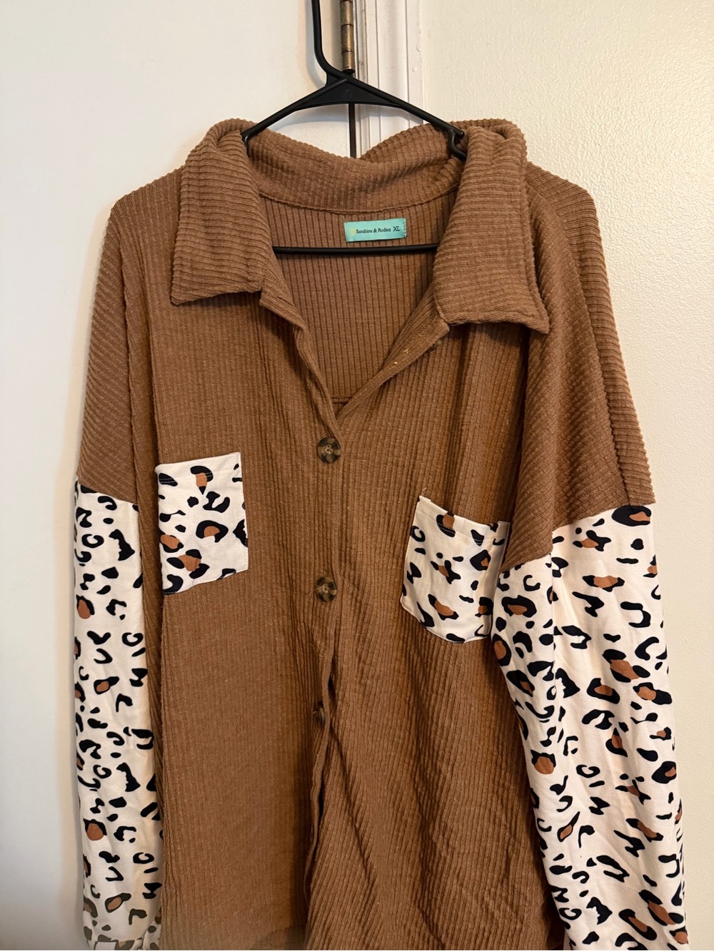 Maurices Brown Ribbed Button-Up Top with Leopard Print Accents